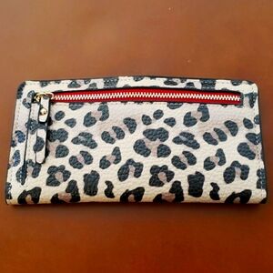 Chicos leopard pattern long wallet with red accent and snap closure